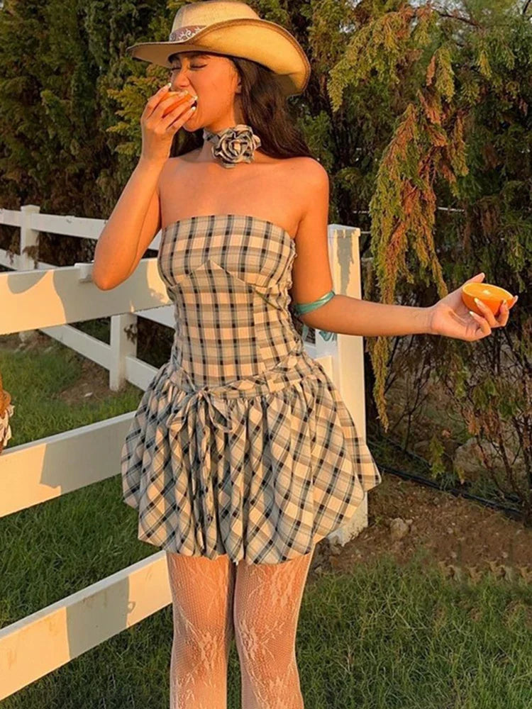 vzyzv  -  Fashion Retro Tube Top Floral Plaid Print Strap Bud Dress For Women Folds Hem Splice Mini Dress Sweet Party Dress Female