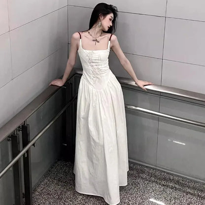 nvxiot  -  French Chic Camisole Dress for Women Summer Trendy Slim Waist Niche Design Long White Dress Vintage Floral A-line Casual Dress