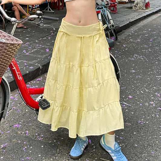 vzyzv  -  Bow Tie Sweet Women Long Skirt Korean Streetwear Loose Fit Yellow Y2K A-line Skirt Cute Fashion Outfits Autumn Lady