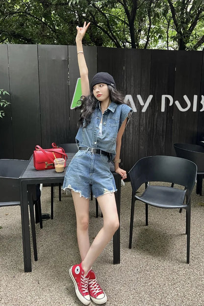 vzyzv -  Sweet Hot Girl Casual Suit Women's Summer Sleeveless Denim Tank Top High Waisted Shorts Two-piece Set Fashion Female Clothes