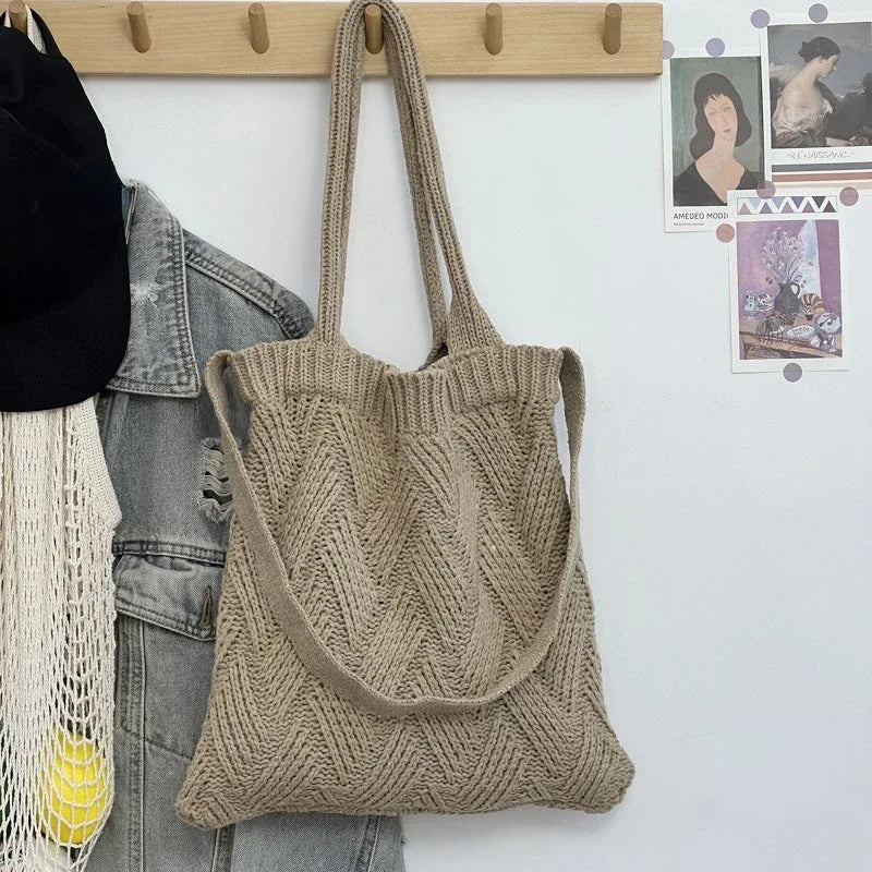 vzyzv  -  Grunge Vintage Knitted Solid Shoulder Bag Simple All Match Y2k Aesthetic Tote  Japanese Cute High-capacity Crossbody Handbags