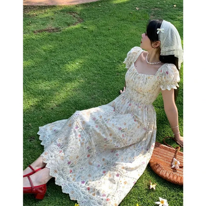 vzyzv -  French Romantic Pastoral Style Floral Dress Women Summer Sweet Embroidered Square Collar Bubble Sleeve A- Line Long Dress