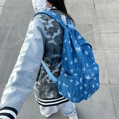 vzyzv  -  Y2k Star Print Aesthetic Denim Backpacks Korean Vintage High-capacity Fashion Students Schoolbags Casual Trendy Unisex Mochilas