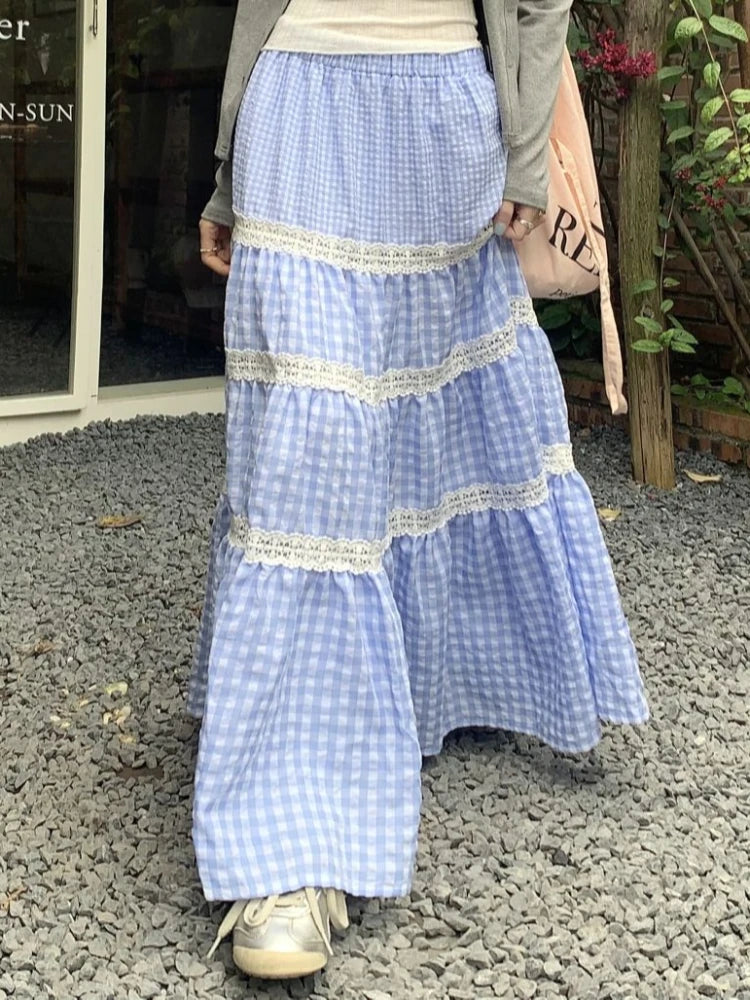 vzyzv  -  Blue Plaid Maxi Skirt Women Lace Patchwork Tiered Long Skirts for Women Korean Fashion High Wasit A-line Coquette Dress