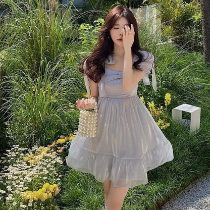 vzyzv  -  Summer Japanese Sweet Puff Sleeve Dress Women Bow Party Mini Dresses Female Blue Princess Korean Fashion Dresse College