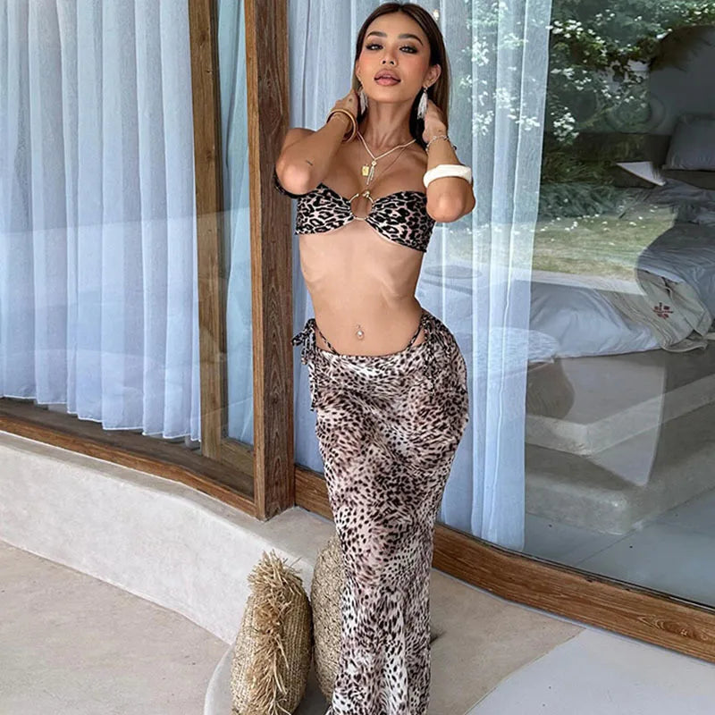 vzyzv  -  Leopard Pattern Skirts Set Strapless One Line Neck Metal Clasp Open Navel Vest High Waist Wrapped Hip Skirt Suit