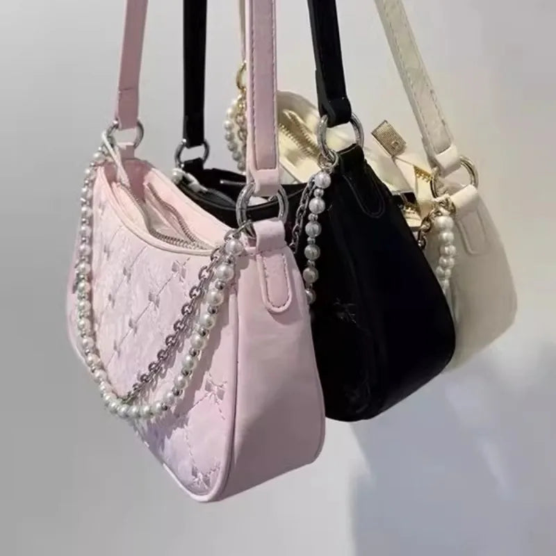 vzyzv  -  Pink Womens Shoulder Bag Elegant Cute Bow Pearl Chains Bow Embroidery Handbag Casual Leather Korean Fashion Female Handbag