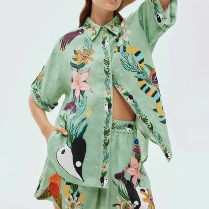 vzyzv -  Fashion Long Sleeve Button Shirt Tops&Pants Suit New Women's Outfits 2024 Summer Floral Printed Hawaii Beach Vocation 2Pcs Set