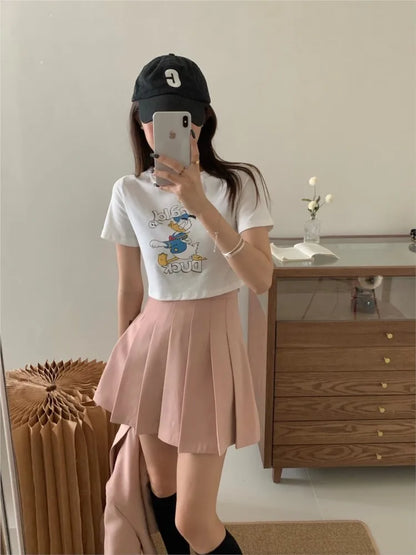 nvxiot   -  Summer Women Solid Short Sleeve Top+pleated Mini Skirts 2 Piece Set Sweet Lady Pink Grey Blazer Suit Preppy Style Set