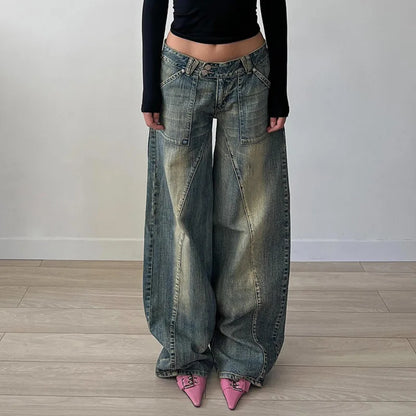 vzyzv  -  Denim Irregular Jeans America Sexy Cotton Distressed Split Line Pants Girl Retro Casual Low Waist Loose Versatile Wide Leg Pants