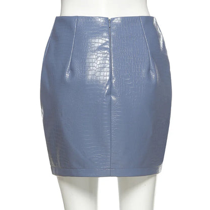 nvxiot  -  Faux Leather PU Split Skirt Women Fall Winter Blue High Waist Slim Casual Sexy Mini Skirts Streetwear