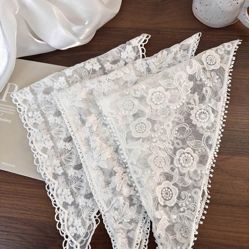 vzyzv -  French White Lace Flower Scarf Women's Summer Sweet Tied Hair Headscarf Triangle Scarf Clothing Accessories