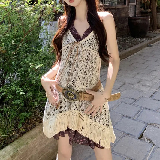 vzyzv  -  Women's Lace Mini Dress Y2k Vintage Harajuku Elegant Hollow Out Off Shoulder Tassel Dress One Piece Frocks Clothes Summer