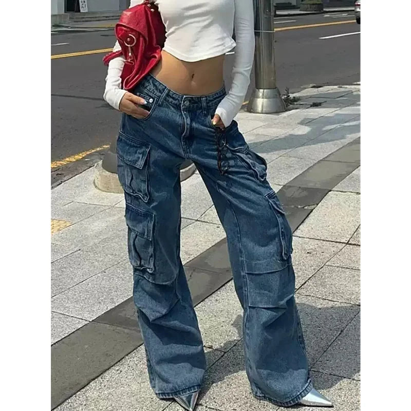 vzyzv  -  Blue Womens Jeans Y2K Vintage Design Sense High Waisted Straight Trouser American Streetwear Loose Clothing Wide Leg Denim Pants