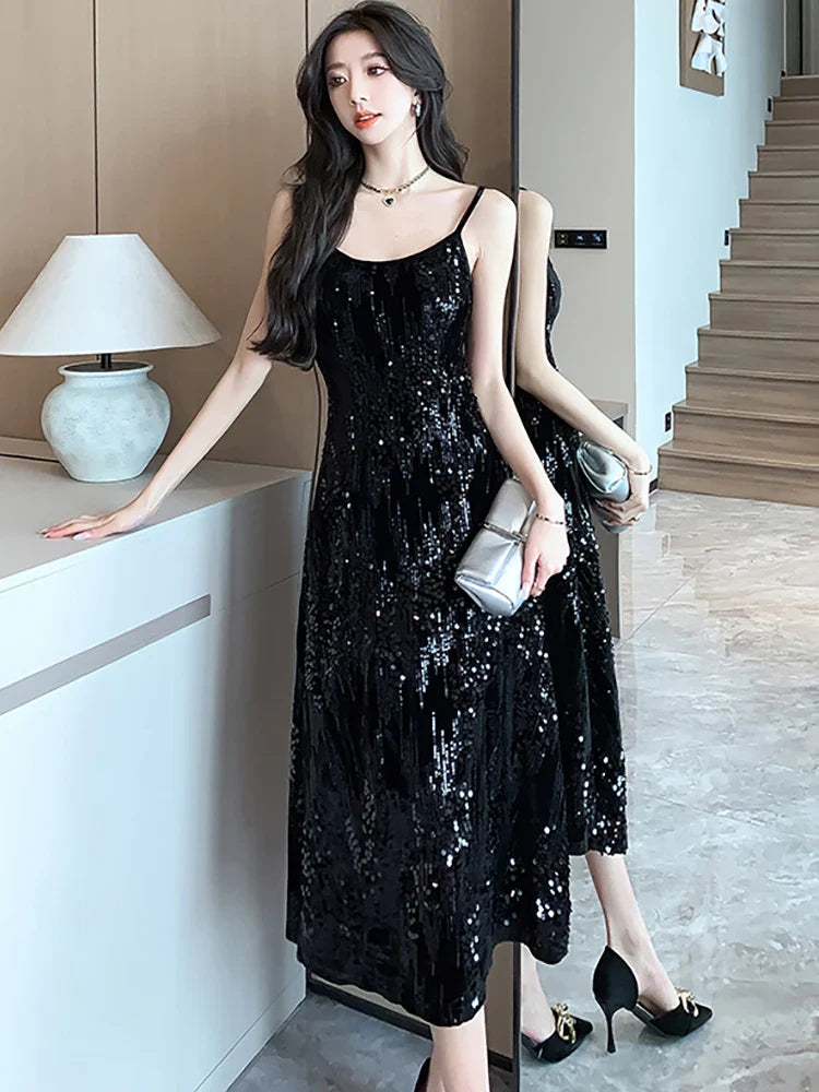 nvxiot  -  Female Velvet Sequins Luxury Sling Long Dress 2024 Korean Elegant Chic Dance Party Dress Autumn Winter Vintage Bodycon Vestidos