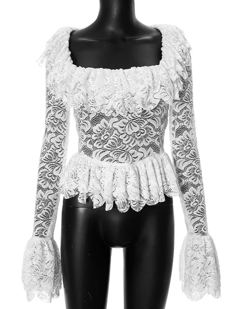 vzyzv  -  Splice Lace Square Collar See-through Top For Women Fashion Slim Sexy Flare Long Sleeve White T-Shirt Female Pullover New