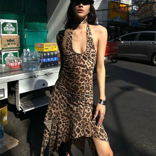 nvxiot  -  Leopard Printed Sexy Woman Dresses Vintage Mini Backless Y2k Dress Short Streetwear Party Female Fashion Hotsweet Chic