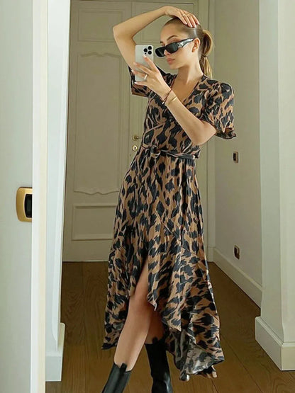 vzyzv -  Leopard Print Short Sleeve Bandage Long Dress Summer Women's Fashion Asymmetric High Waist Slim Contrast V Neck Long Dress