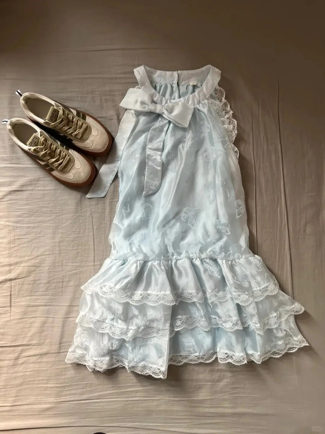 vzyzv  -  Summer New Sweet Sleeveless Student Bow Loose Blue Lace Cake Dresses for Women Korean Chic Loose A-line Mid Length Dress