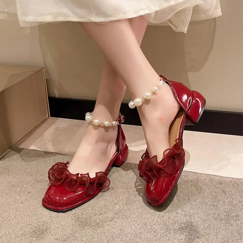 vzyzv -  Thick Heel Sandals Women's Summer New Pearl Button Soft Mary Jane Evening Style Single Shoe Women leather shoe 5cm red