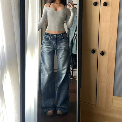 vzyzv  -  Women's Retro Wide Leg Washed Blue Jeans Summer New Cool Girl Straight Bottoms Vintage Casual Trousers Female Mid-Waisted Pants