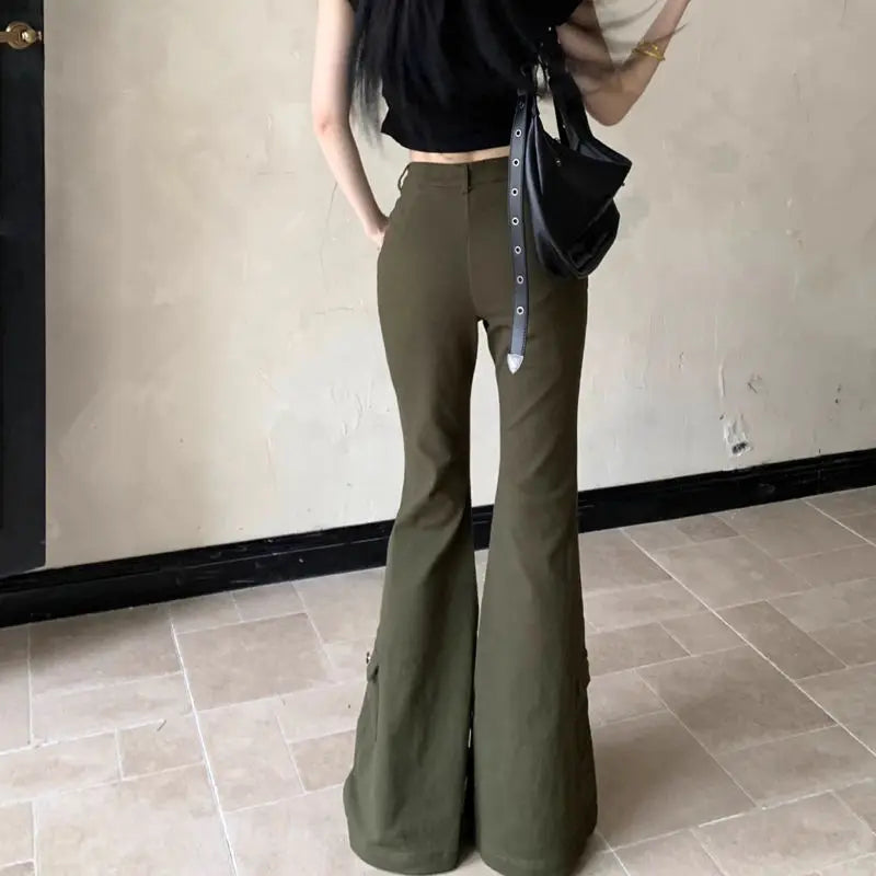 vzyzv  -  Cargo Jeans, Army Green Multi-Pocket Women'S Slimming American Retro High-Waisted Boot-Cut Trousers Floor-Length Trousers