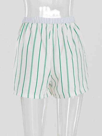 vzyzv -  Summer Green Striped Button Shorts Women 2024 New Streetwear Casual Mid Waist All-match Short Pants Beach Holiday Fashion Shorts