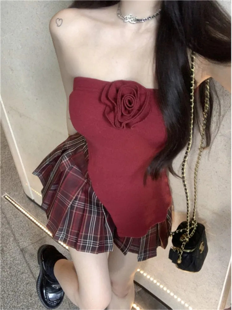 vzyzv  -  Women's Red Sets Off Shoulder Rose Crop Top A-Line Mini Pleated Plaid Skirt Streetwear Y2k Fashion Korean Two Piece Set Clothes