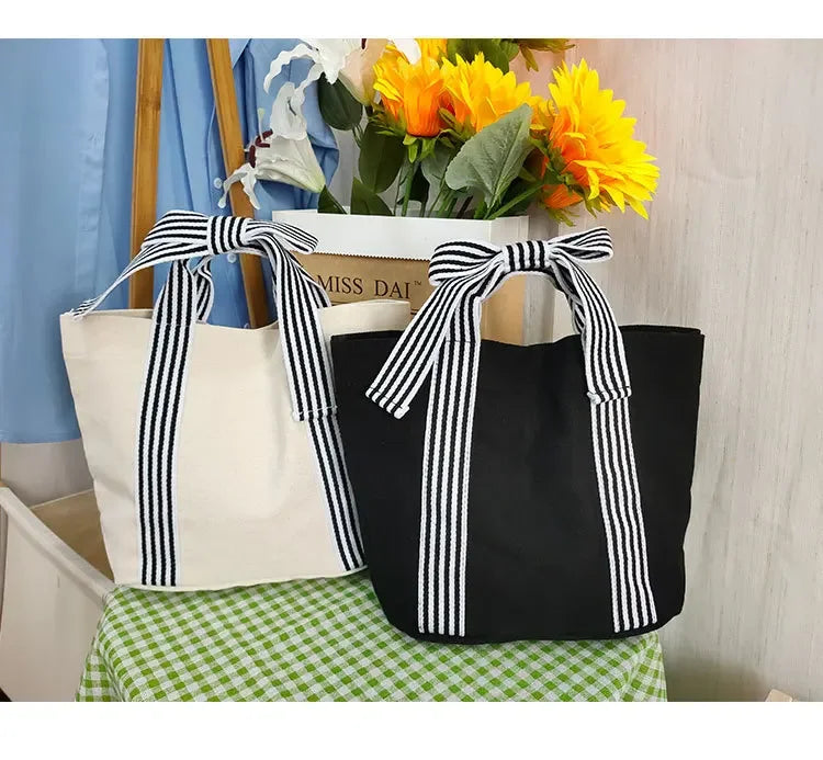 vzyzv  -  New Korean Fashion Simple Top-Handle Bag Sweet Y2k Patchwork Bow Striped Women's Handbags Casual All Match Tote Bags Trendy