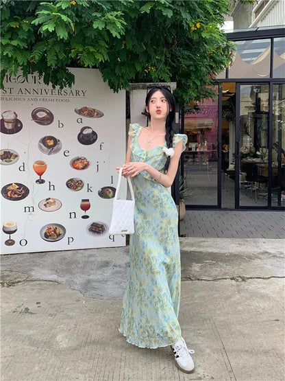 vzyzv -  Fashion Women Green Floral Print Ruffles Holiday Dress Summer Flying Sleeve Long Dress Seaside Beach A Line Fairy Photo Dress