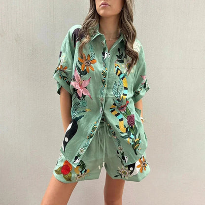 vzyzv -  Fashion Long Sleeve Button Shirt Tops&Pants Suit New Women's Outfits 2024 Summer Floral Printed Hawaii Beach Vocation 2Pcs Set