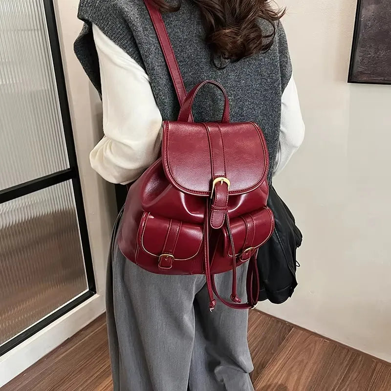 vzyzv  -  New Winter Retro Small Double Pockets PU Leather Backpack Women Fashion Solid College Student Bags Korean Travel Backpacks