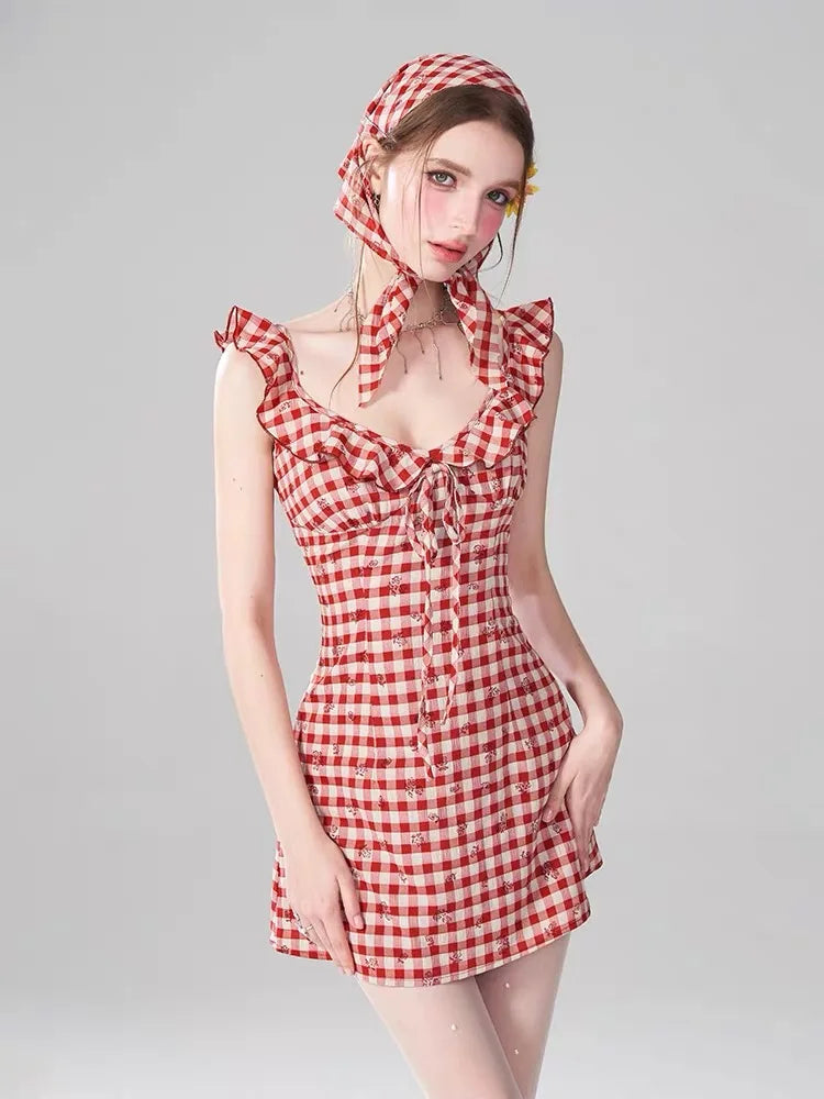 nvxiot  -  Classic Red Plaid Dress For Women's Summer Design, With Small Flying Sleeves And Rose Suspender Mini Skirt