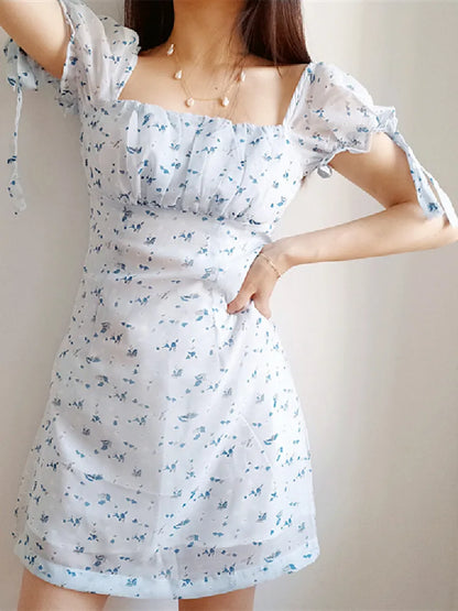 TAVIMART  -  Retro France Style Ruched Square Collar Puff Sleeve Blue Flower Print Dress Slim Waist A line Elegant Women Robe