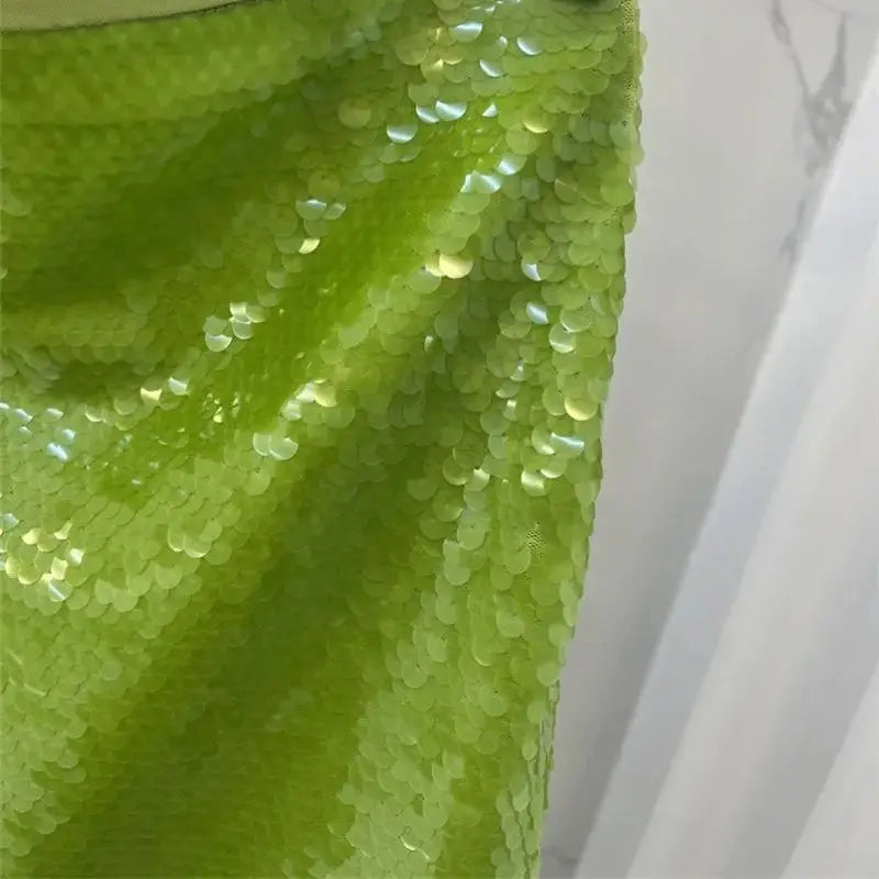 vzyzv -  Summer Green Sequined Mini Skirt Women Fashion Versatile Zipper A-line Mesh Skirt Female Luxury Party Skirts Z244