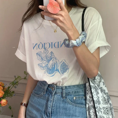 vzyzv  -  Summer Korean Chic Women T-Shirt  Ladies Simple All Match Fig Print Loose Round Neck Slim Casual Short-Sleeved Y2k Top