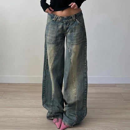 vzyzv  -  Denim Irregular Jeans America Sexy Cotton Distressed Split Line Pants Girl Retro Casual Low Waist Loose Versatile Wide Leg Pants