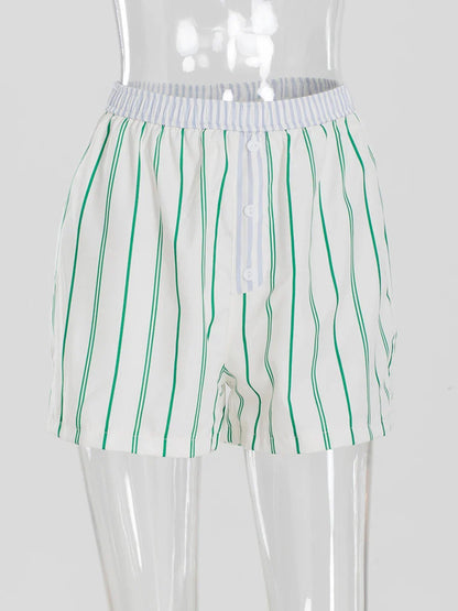 vzyzv -  Summer Green Striped Button Shorts Women 2024 New Streetwear Casual Mid Waist All-match Short Pants Beach Holiday Fashion Shorts