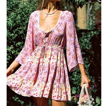 vzyzv -  Floral Vintage Mini Dress Pink Holiday Boho Women Dress  Flare Sleeve Summer Holiday Ladies Female Sexy Dresses