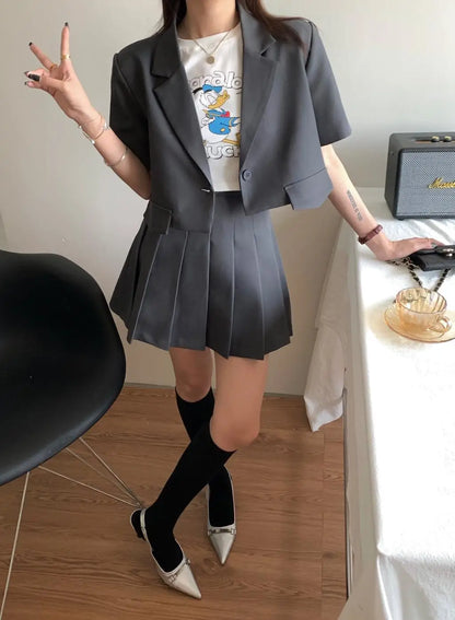 nvxiot   -  Summer Women Solid Short Sleeve Top+pleated Mini Skirts 2 Piece Set Sweet Lady Pink Grey Blazer Suit Preppy Style Set