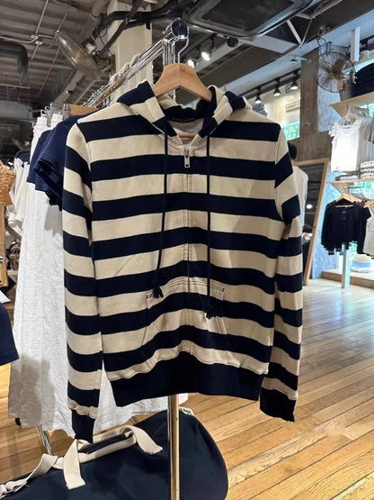 vzyzv  -  Casual Women Black And Beige Striped Sweatshirts Autumn Vintage Pocket Hooded Long Sleeve Coats Female Chic Zipper Outwears