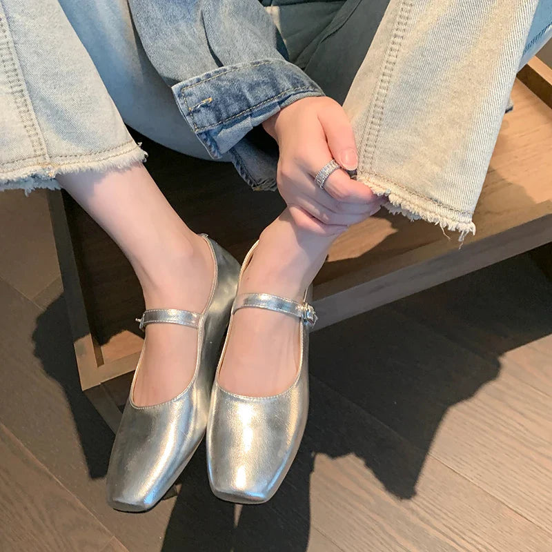 vzyzv  -  Casual Women Flats Spring Summer Office Ladies Silver Metal Color Mary Janes Shoes Woman Retro Style Concise Comfortable Flats