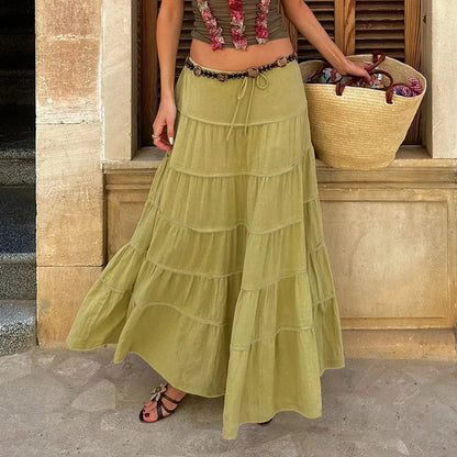 vzyzv  -  Bohemian Frill A-line Skirt Lady Elegant Loose Aesthetic Vintage Green Flowy Skirt Vacation Outfits Fashion Street