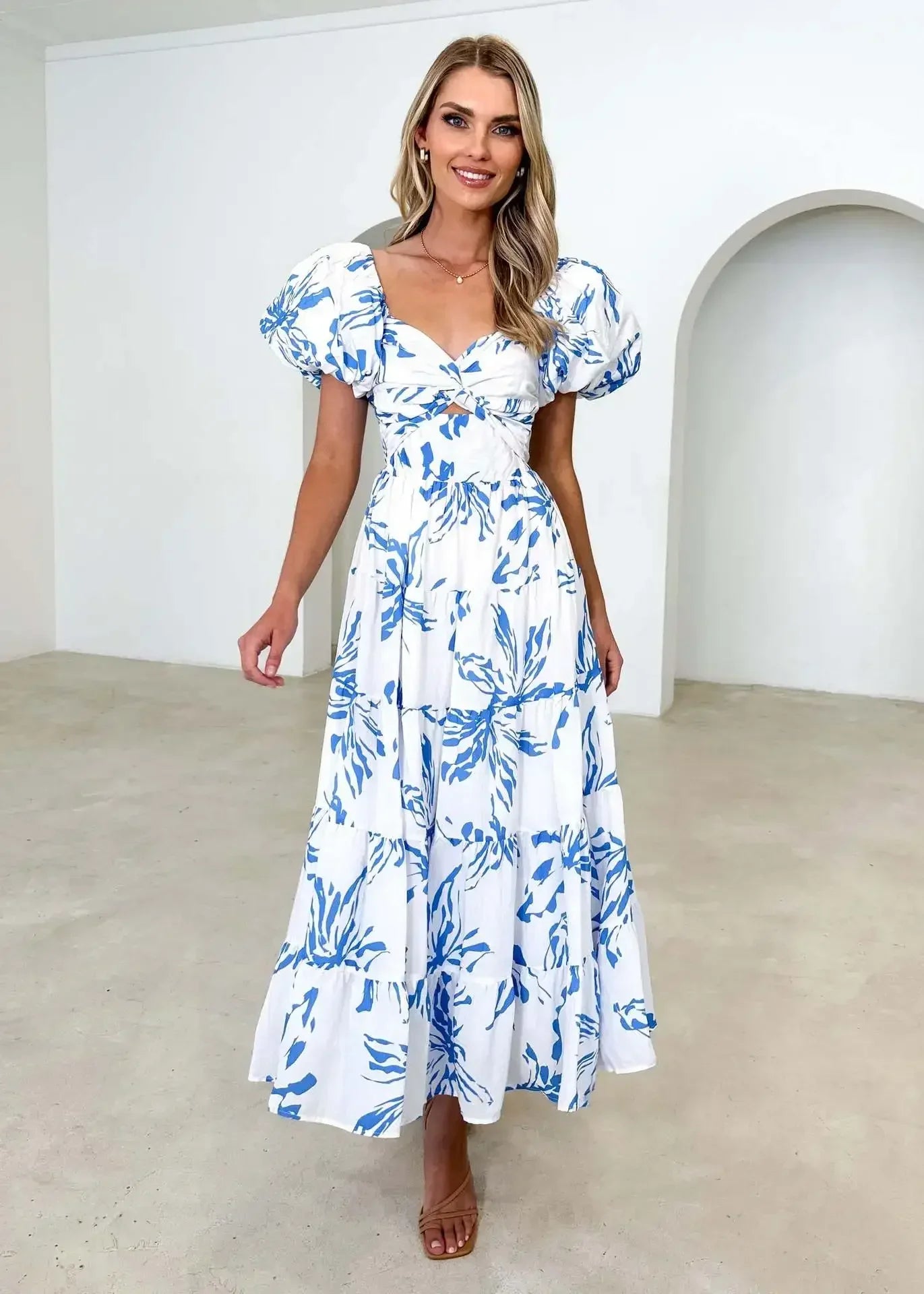 nvxiot  -  Holiday Vintage Maxi Long Beach Dress for Women 2024 Spring Summer Female Slim-fit Printed Hollow Puff Sleeve Dress Elegant