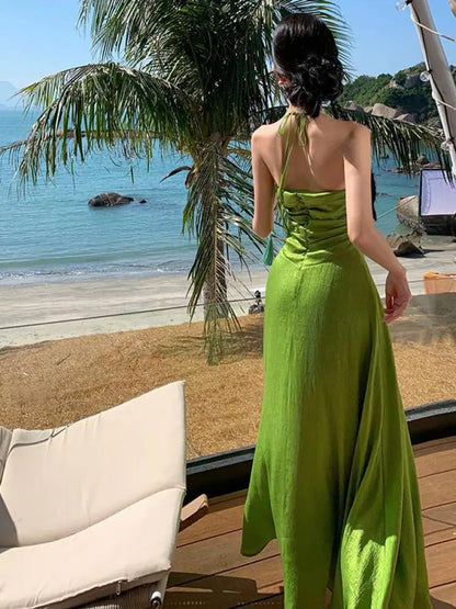 TAVIMART  -  Green Sleeveless Sexy Club Vacation Elegant Pleated Halter Bandage Long Dress 2024 New Fashion Evening Party Dress Women Summer