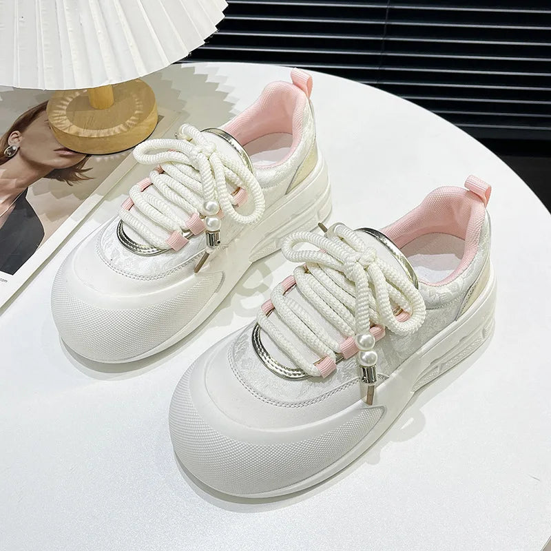 vzyzv  - 2024 Fashion Retro Round Head Thick Sole Women's Vulcanized Shoes Designer New Spring Autumn Lacing Shallow Mouth Woman Sneakers