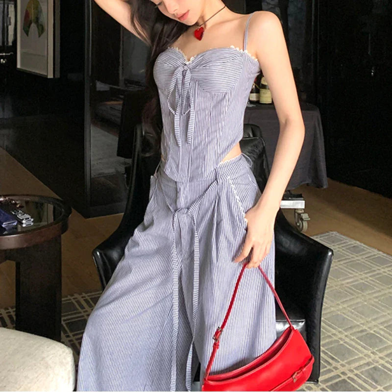 vzyzv  -  Summer New Korean Lace-up Pleated Sexy Slim Camisole Women + Contrast Color Striped Loose Wide Leg Pants Two-piece Suit