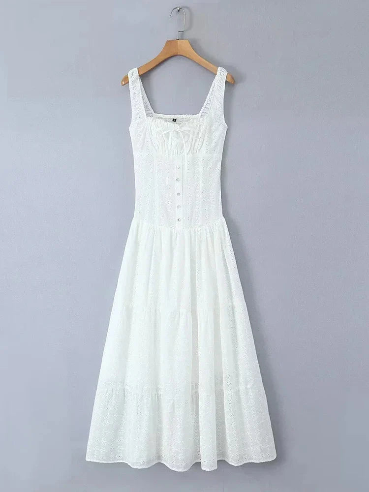 vzyzv -  Flower Hollow Out White Dress Women Sleeveless Summer Tank Cotton Maxi Vestidos Sundress Beach Casual Long Dress 2024