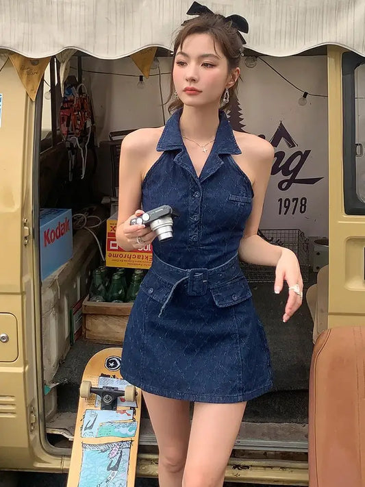 vzyzv -  Summer Retro Blue Turn-down Collar Off Shoulder Button Denim Mini Dress Women Sleeveless High Waist A-line Jeans Short Dress New