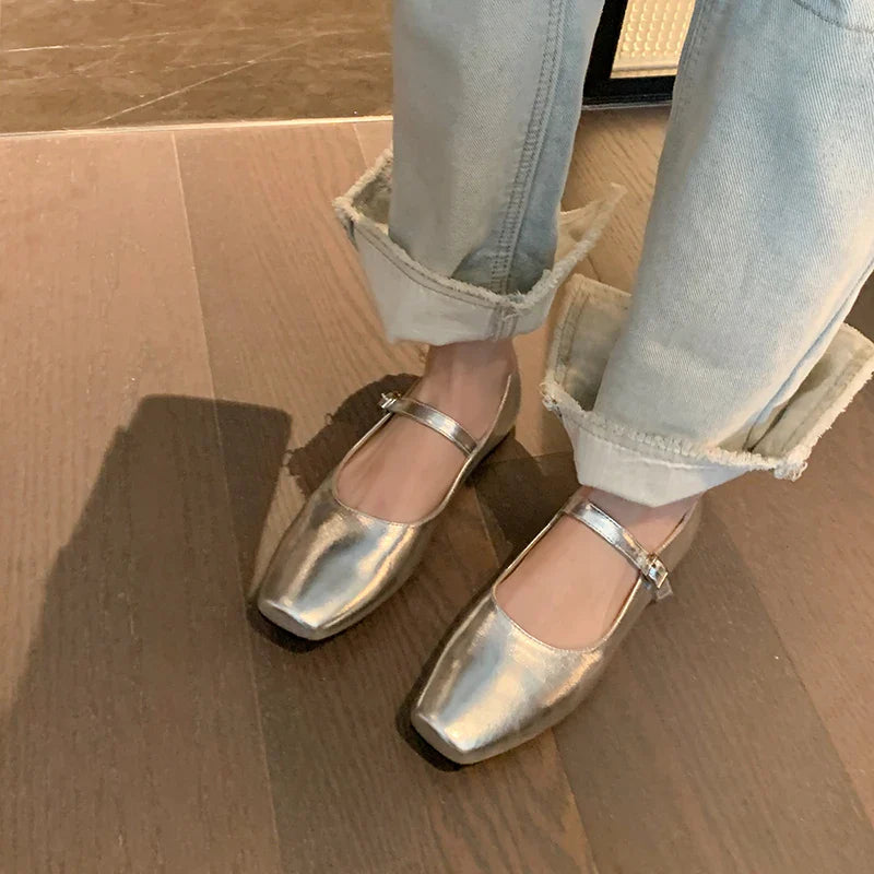 vzyzv  -  Casual Women Flats Spring Summer Office Ladies Silver Metal Color Mary Janes Shoes Woman Retro Style Concise Comfortable Flats